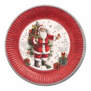 Pappteller rund  23 cm mit Motiv Santa & Geschenke bordeaux/rot, 10 Stk.