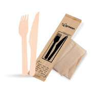 Bestecksets aus Holz biologisch abbaubar 3-teilig Gabel Messer Serviette hygienisch verpackt, 50 Sets