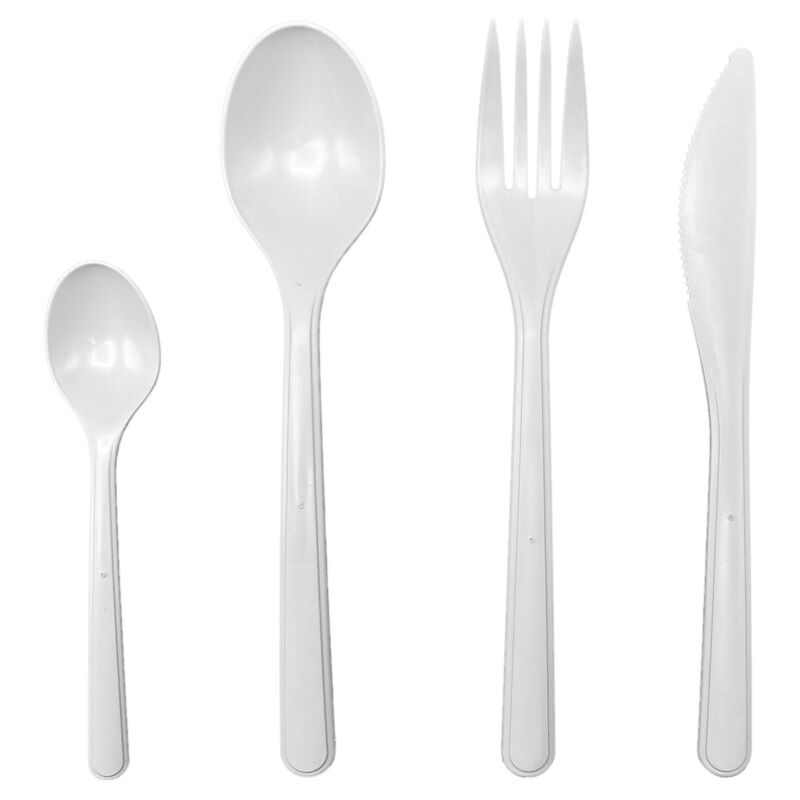 Mehrweg Bestecksets aus BIO-PP besteht aus Gabeln, Messer, Löffel, Kaffeelöffel weiß, 10 Stk.