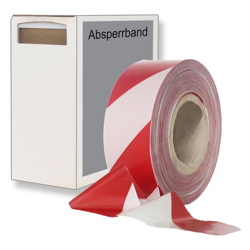 Absperrband rot weiß gestreift 25 my 75 mm breit 500 m 100 % Rezyklat im Spendekarton