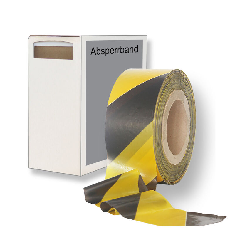 Absperrband gelb schwarz gestreift 35 my 75 mm breit 500 m 100 % Rezyklat im Spendekarton