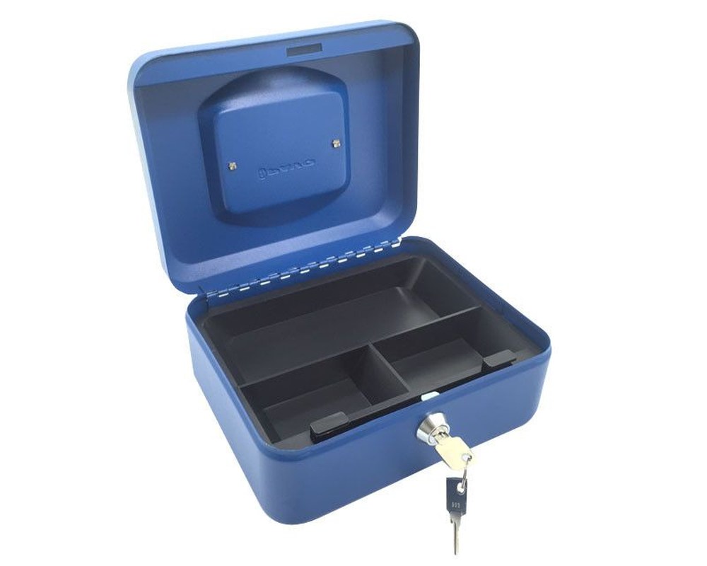 Geldkassette aus robustem Stahl mit herausnehmbaren Münzfächern 200 mm,  blau