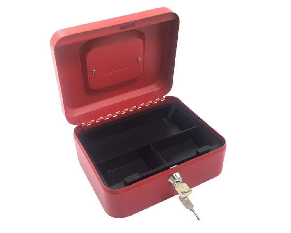 Geldkassette aus robustem Stahl mit herausnehmbaren Münzfächern 200 mm,  rot
