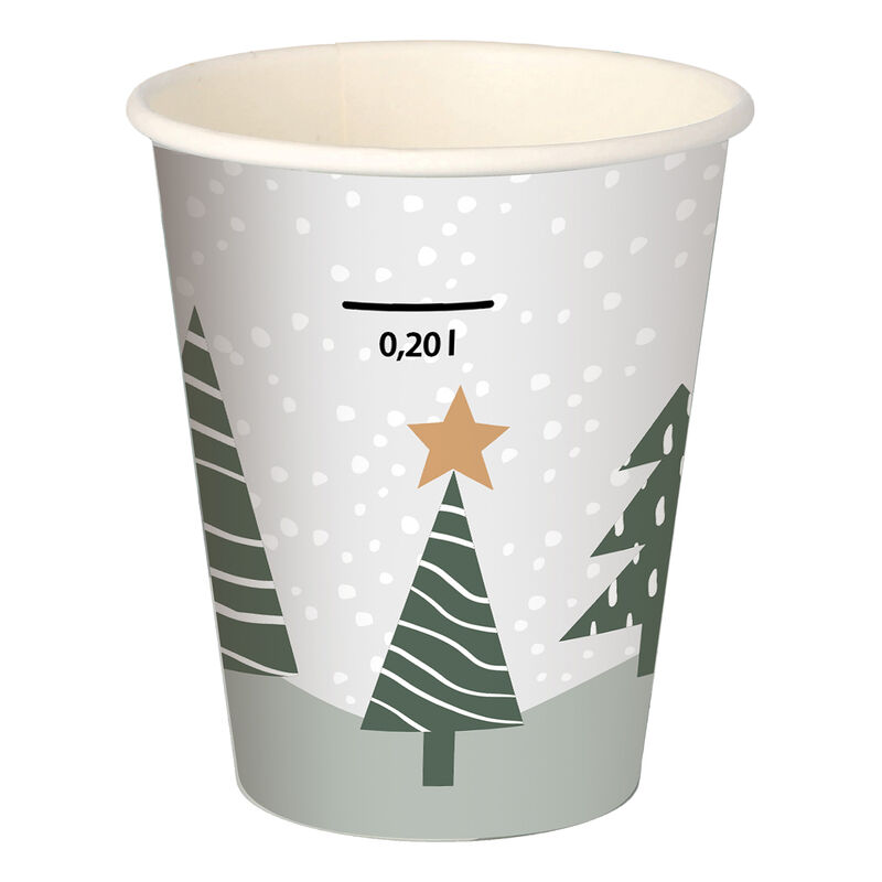 Heißgetränkebecher Pappbecher "Tannenwald & Weihnachtsstern" 200ml mit Eichstrich , 50 Stk.