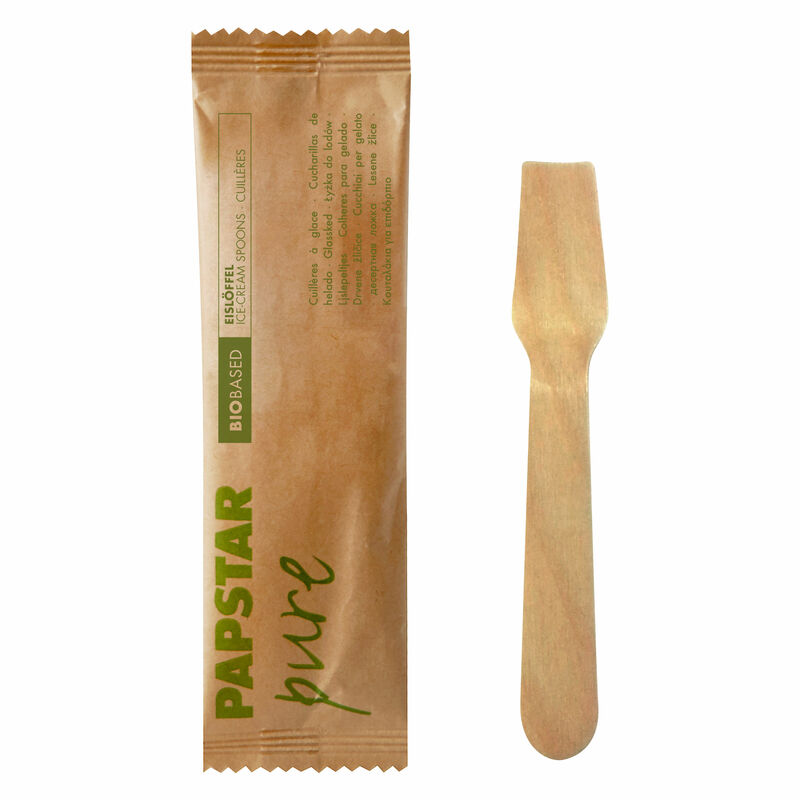 PAPSTAR Eislöffel aus Holz 9,4 cm einzeln verpackt in Papierbeutel, 50 Stk.