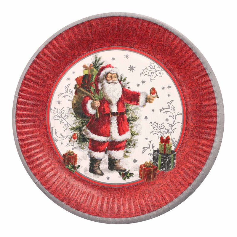 Pappteller rund O 23 cm mit Motiv "Santa & Geschenke" bordeaux/rot, 10 Stk.