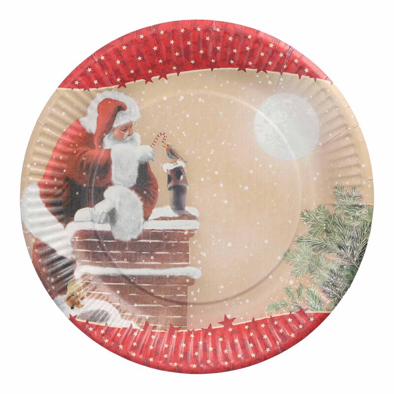 Pappteller rund O 23 cm "Weihnachtsmann auf Schornstein", 10 Stk.