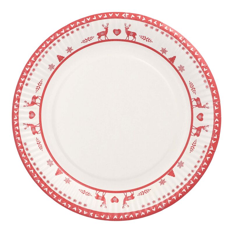 Pappteller rund O 23 cm mit Motiv "Nordische Rentiere" weiß/rot, 10 Stk.