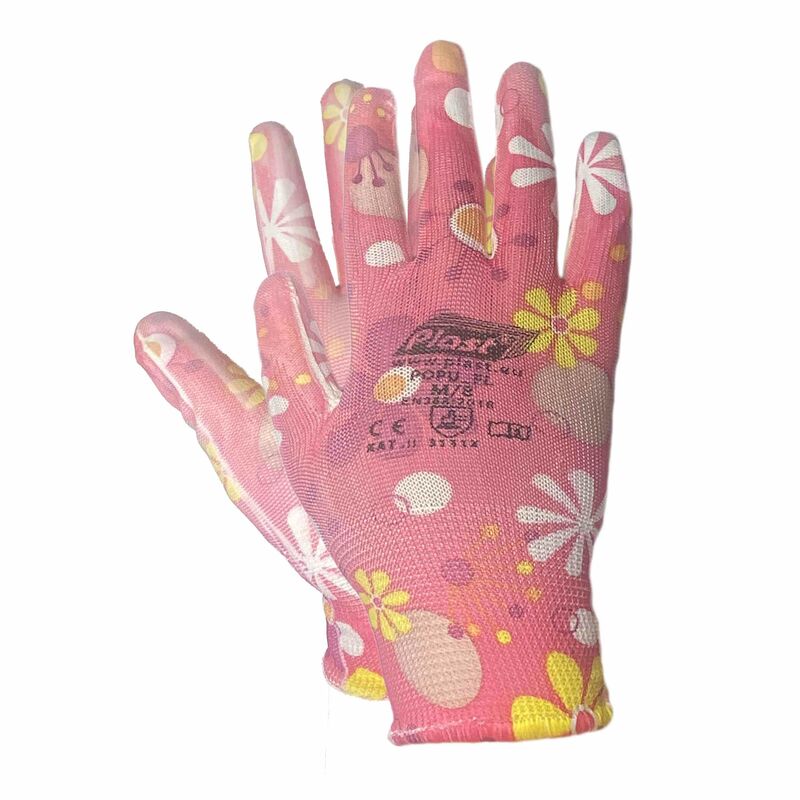 Arbeitshandschuhe, Montagehandschuhe Polyester - Polyurethan Größe M-8, dunkle Blumen, 12 Paar