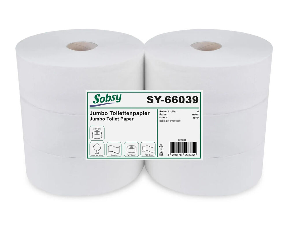 Jumbo Toilettenpapier 2-lagig Recyclingpapier Kerndurchmesser 6.0 cm, 6 Stk.
