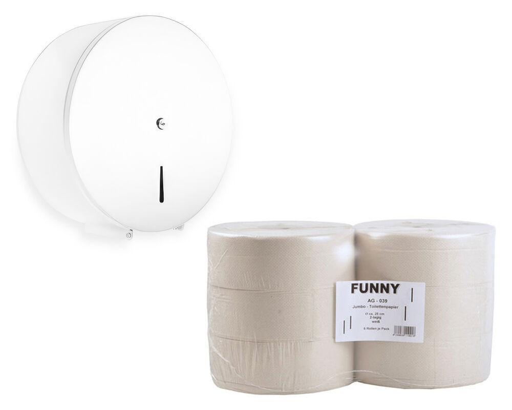 Toilettenpapier-Spender für Jumborollen, metallweiß, inkl. 6 hellgraue Rollen