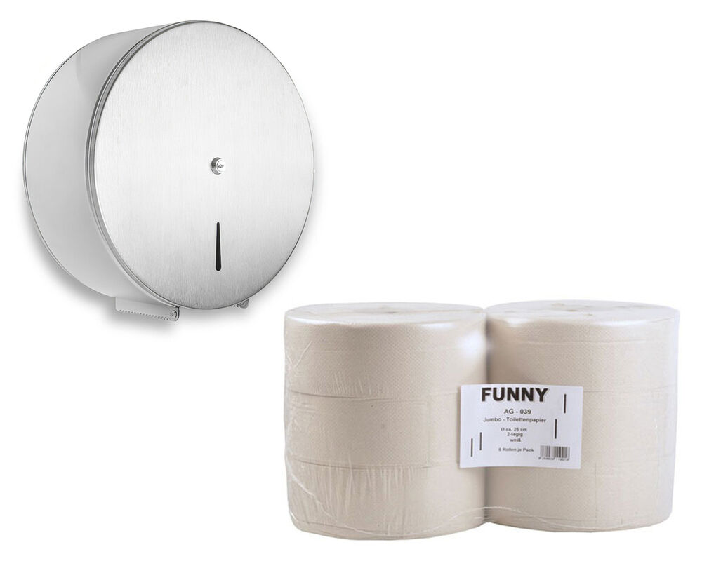 Toilettenpapier-Spender für Jumborollen, Edelstahl, inkl. 6 hellgraue Rollen