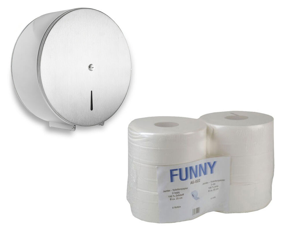 Toilettenpapier-Spender für Jumborollen, silber, Edelstahl, inkl. 6 weiße Rollen