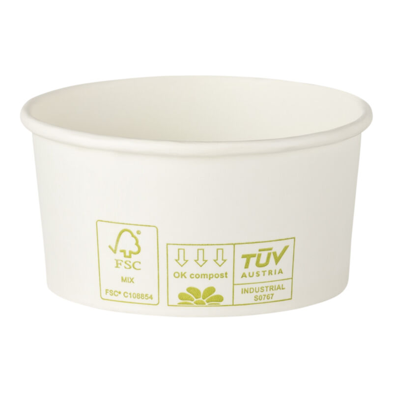 Bio Eisbecher Pappbecher 100% ohne Kunststoff 160ml O85 Höhe 43mm weiß, 50 Stk.