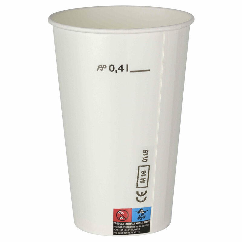Kaltgetränkebecher Pappbecher weiß mit CE Eichstrich 400 ml  50 Stk.