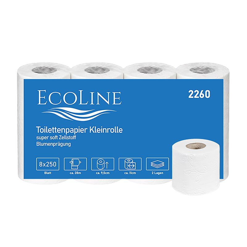 Ecoline Toilettenpapier 2 lagig 250 Blatt Zellstoff 9,5x11cm Blumenprägung 8x8 Rollen=64 Rollen