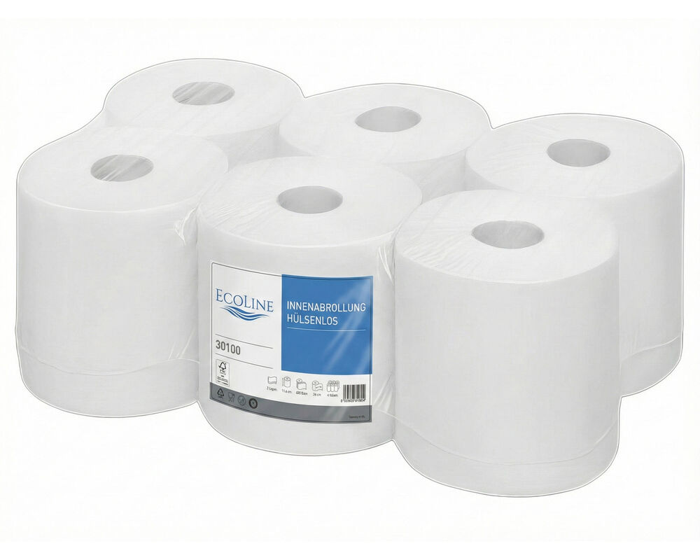 Ecoline Handtuchpapier Innenabrollung 2-lagig, hülsenlos, Zellstoff, 450 Abrisse, 6 Rollen