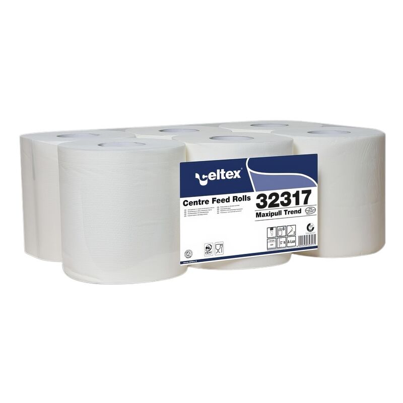 Innenabrollung Handtuchrollen 2-lagig Zellstoff 20x24cm 450 Abrisse weiß, 6 Rollen je 108m