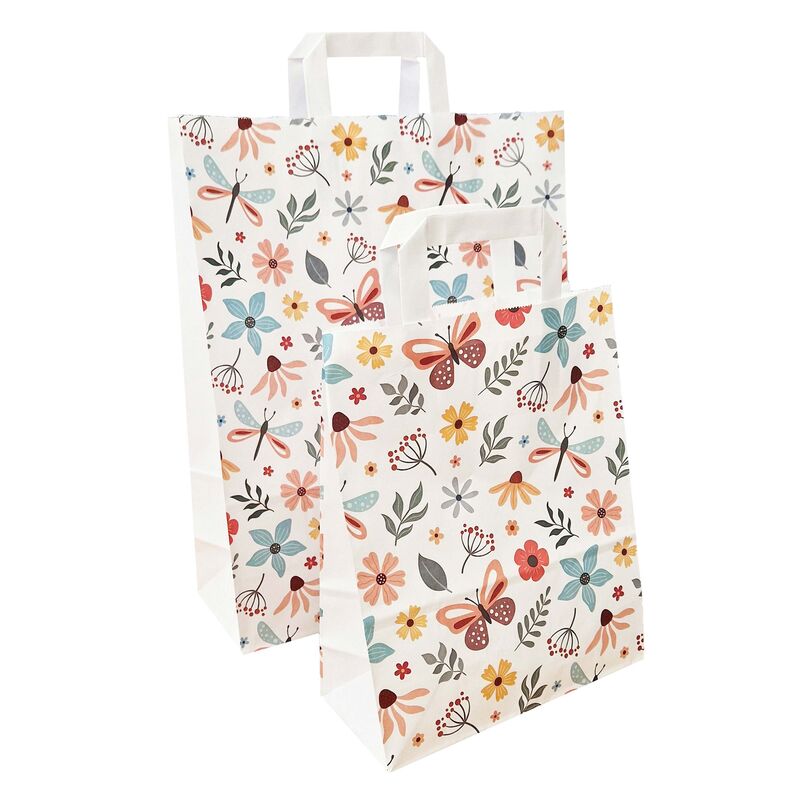 Papiertragetaschen aus Kraftpapier 220+100x280mm mit Schmetterling Motiv weiß, 250 Stk