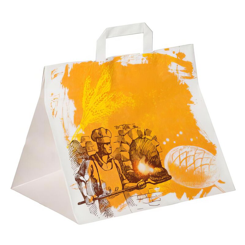Papiertragetaschen aus Kraftpapier Motiv Steinofen mit Flachhenkeln 320+220x270mm 80g weiß, 250 Stk.