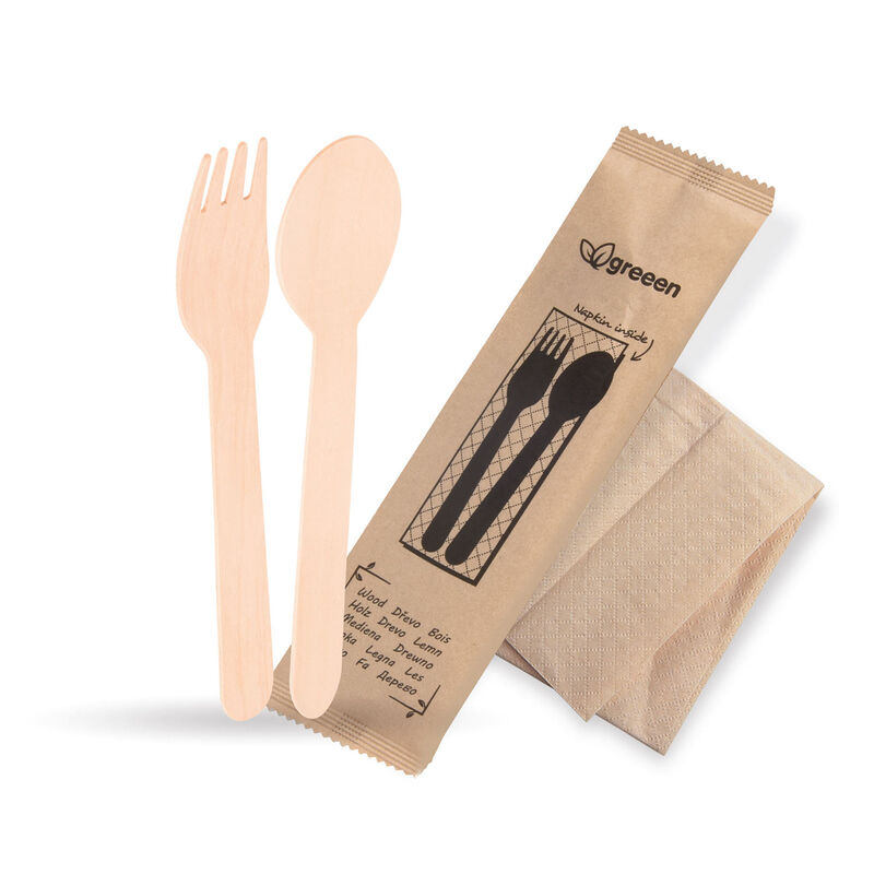 Bestecksets aus Holz biologisch abbaubar 3-teilig Gabel Löffel Serviette hygienisch verpackt, 50 Sets
