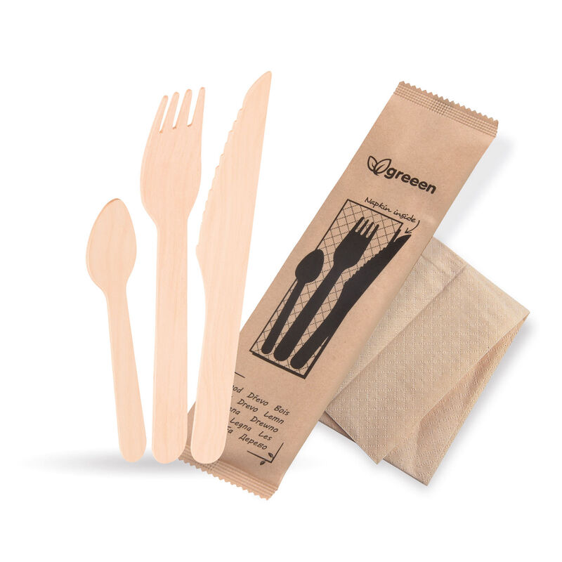 Bestecksets aus Holz biologisch abbaubar 4-teilig Gabel Messer Kaffeelöffel Serviette hygienisch verpackt, 50 Sets
