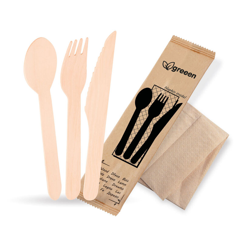 Bestecksets aus Holz biologisch abbaubar 4-teilig Gabel Messer Löffel Serviette hygienisch verpackt, 50 Sets