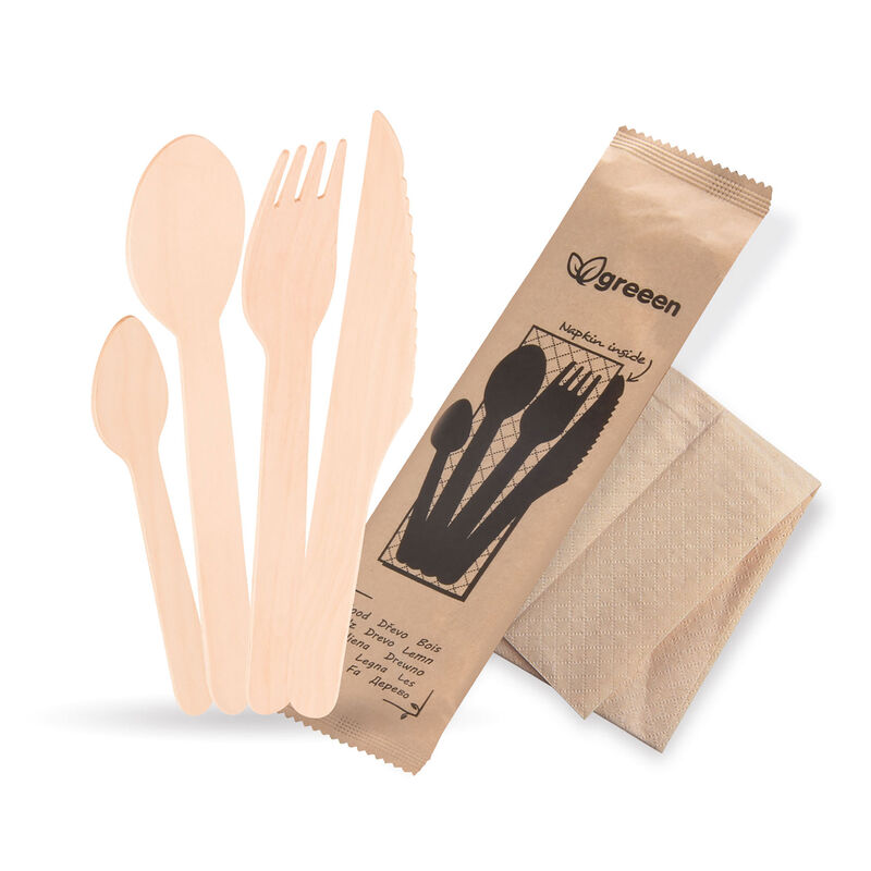 Bestecksets aus Holz biologisch abbaubar 5-teilig Gabel Messer Löffel Kaffeelöffel Serviette hygienisch verpackt, 50 Sets
