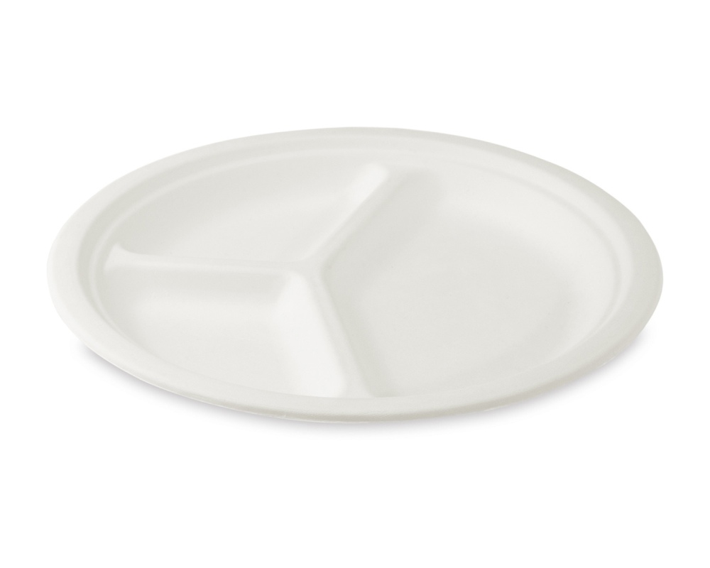 Bio Grillteller Fleischteller rund 3-geteilt aus Zuckerrohr O 26 cm, 50 Stk.