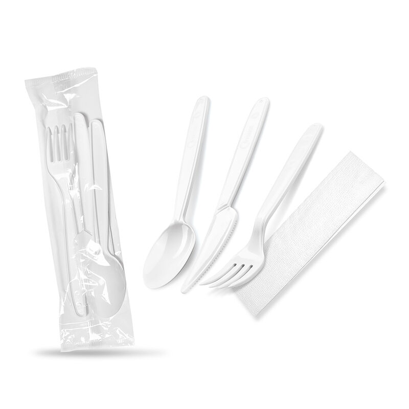 Bestecksets aus PP wiederverwendbar 4-teilig Gabel Messer Löffel Serviette hygienisch verpackt, 250 Sets