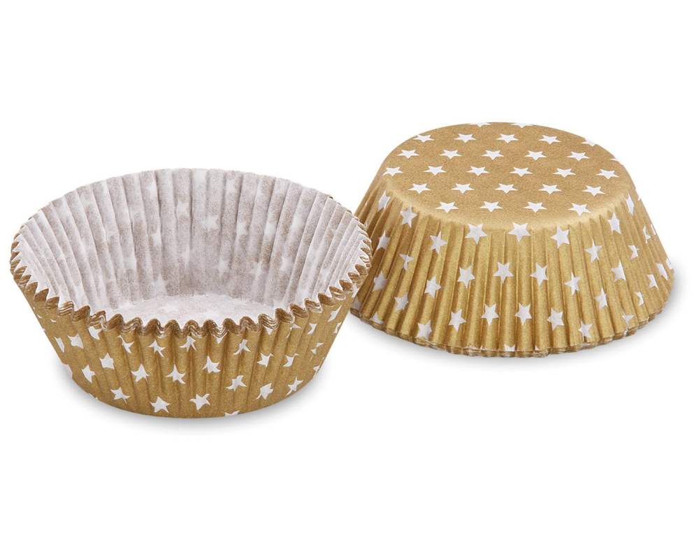 Muffinkapseln Gebäckkapseln Gold mit weißen Sternen O 50 x 30 mm, 40 Stk.