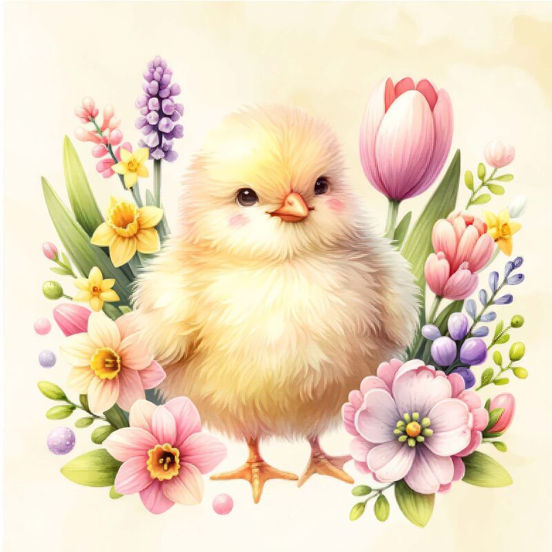 Osterservietten 3-lagig, 33 x 33 cm Motiv Kücken mit Blumen, 20 Stk.