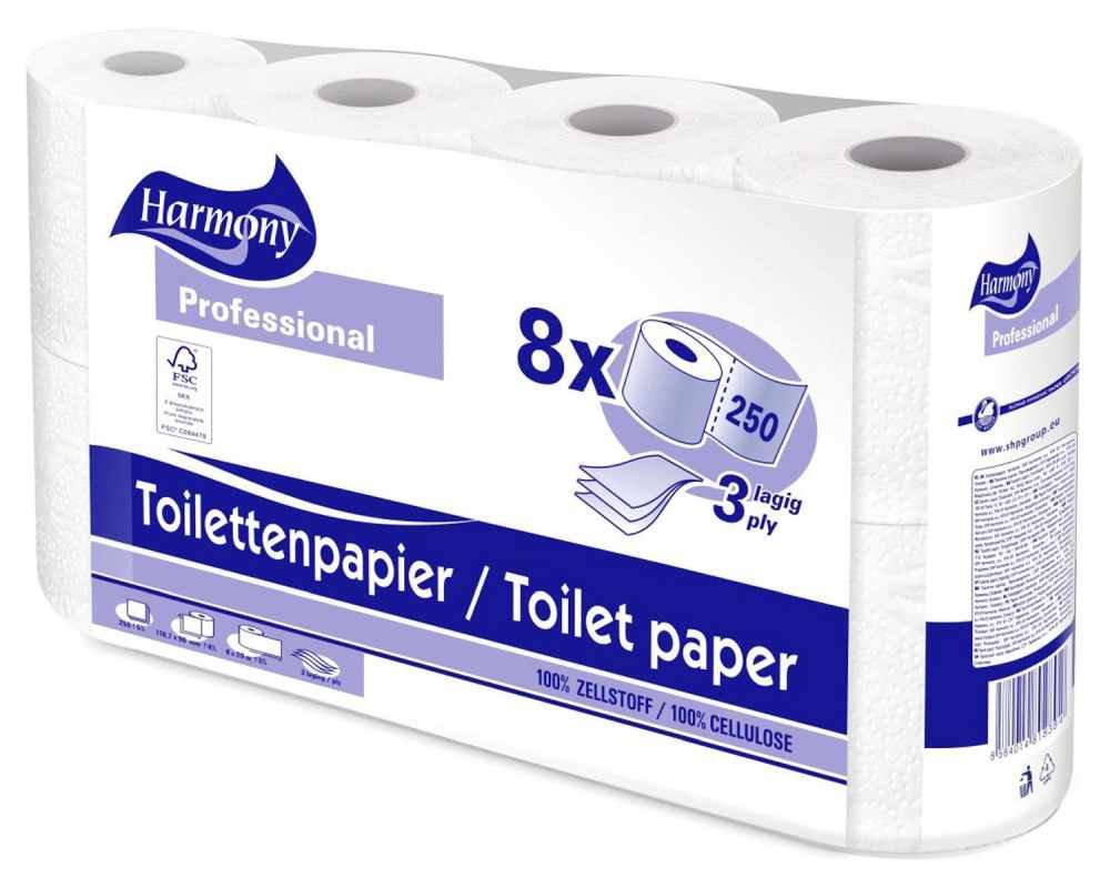Toilettenpapier 3-lagig Harmony Professional 250 Blatt FSCR-zertifiziert, 8 Stk.