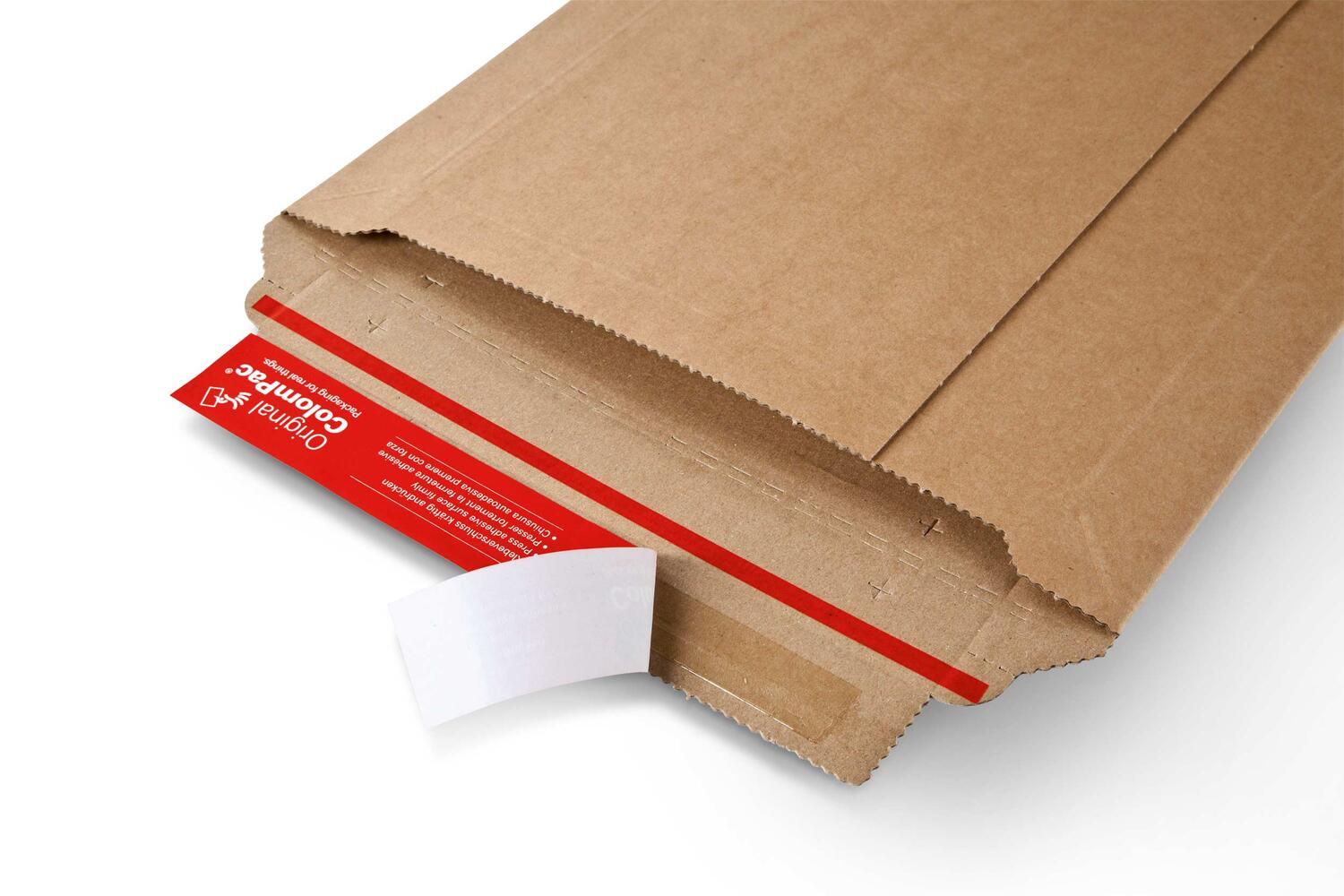 ColomPac Robuste Versandverpackung 371 x 332 x -70mm mit Sicherungslaschen, Selbstklebeverschluss & Aufreifaden braun