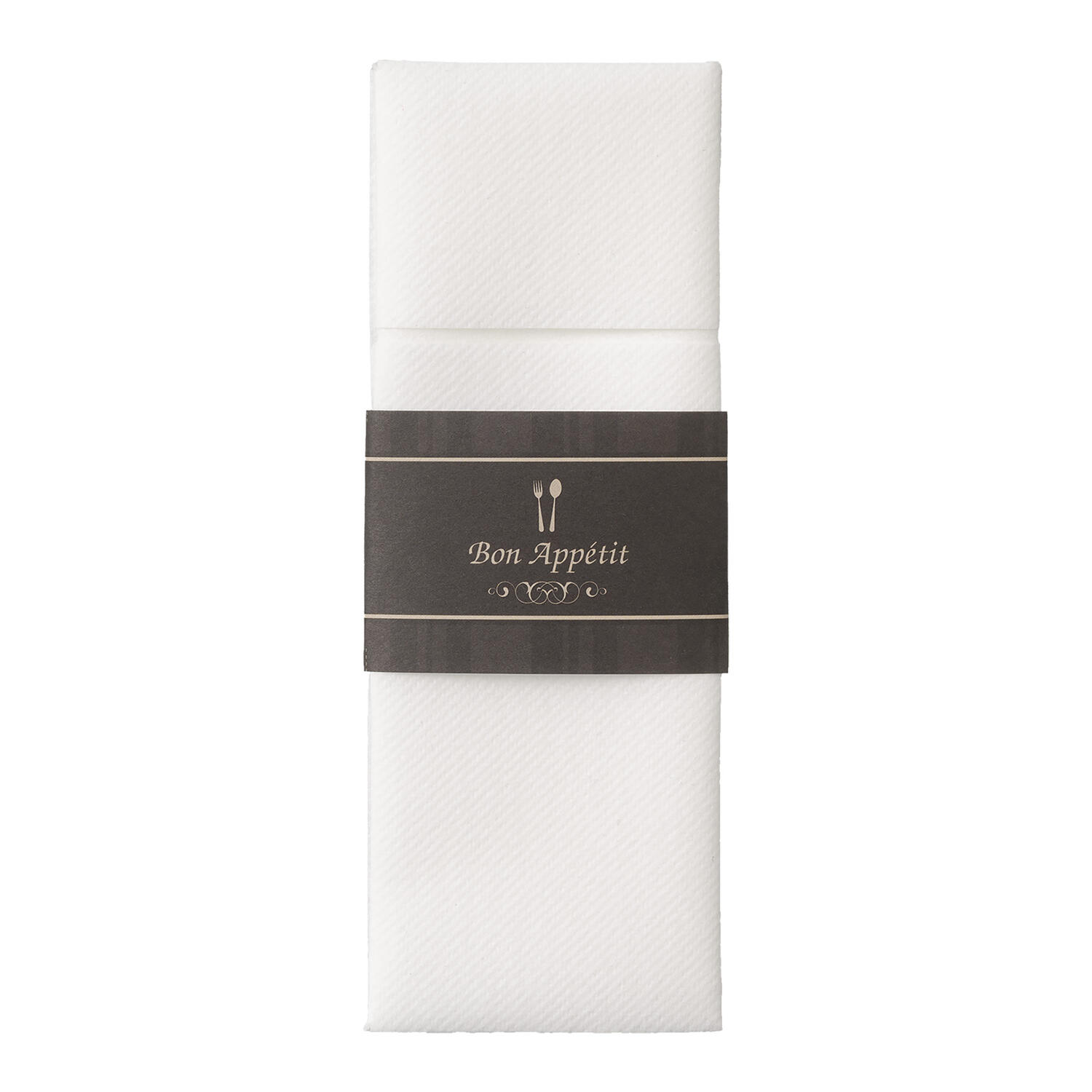 Pochetto Bestecktaschen wei� mit Banderole Bon App�tit Airlaid 400x300 mm, 300 Stk.