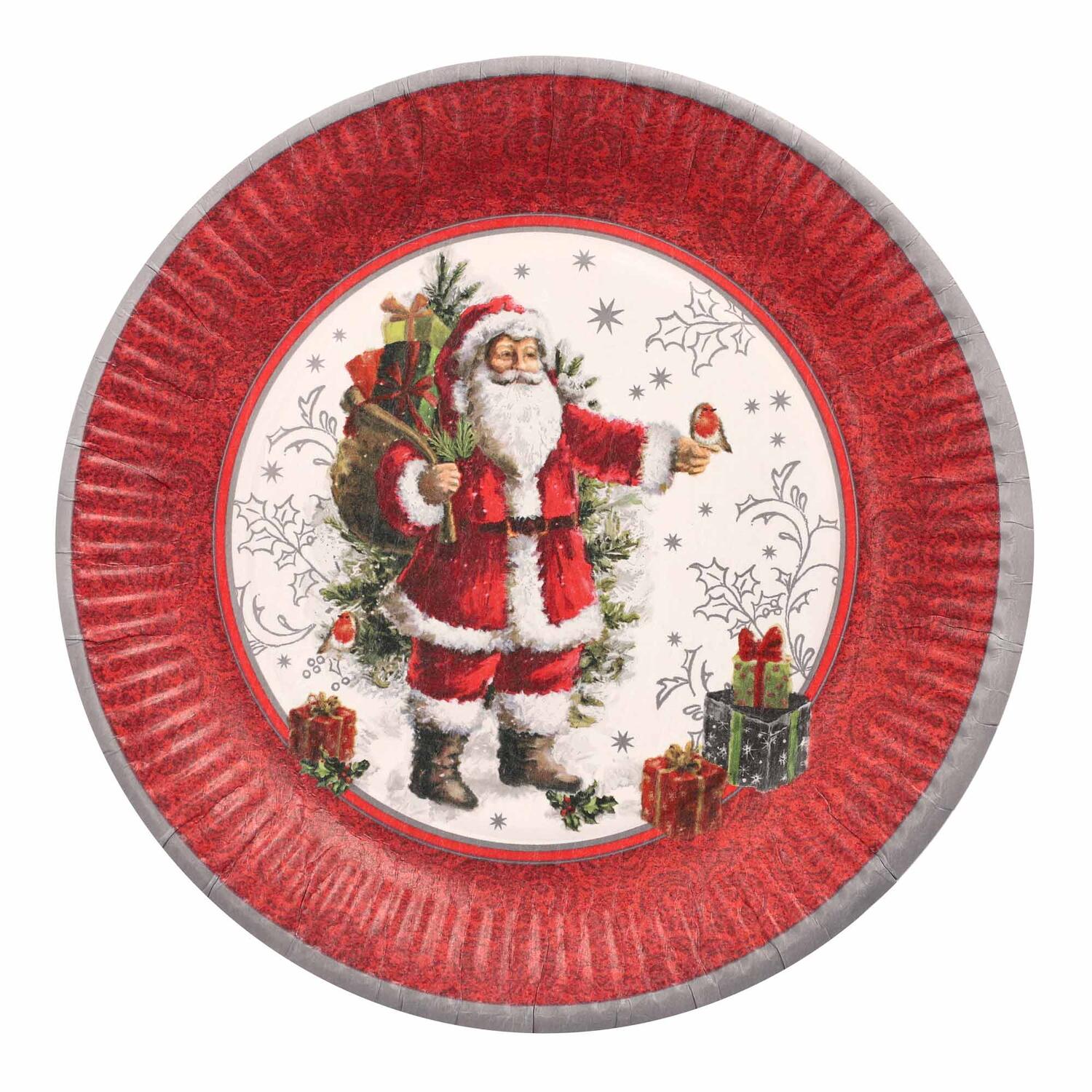 Pappteller rund  23 cm mit Motiv Santa & Geschenke bordeaux/rot, 10 Stk.