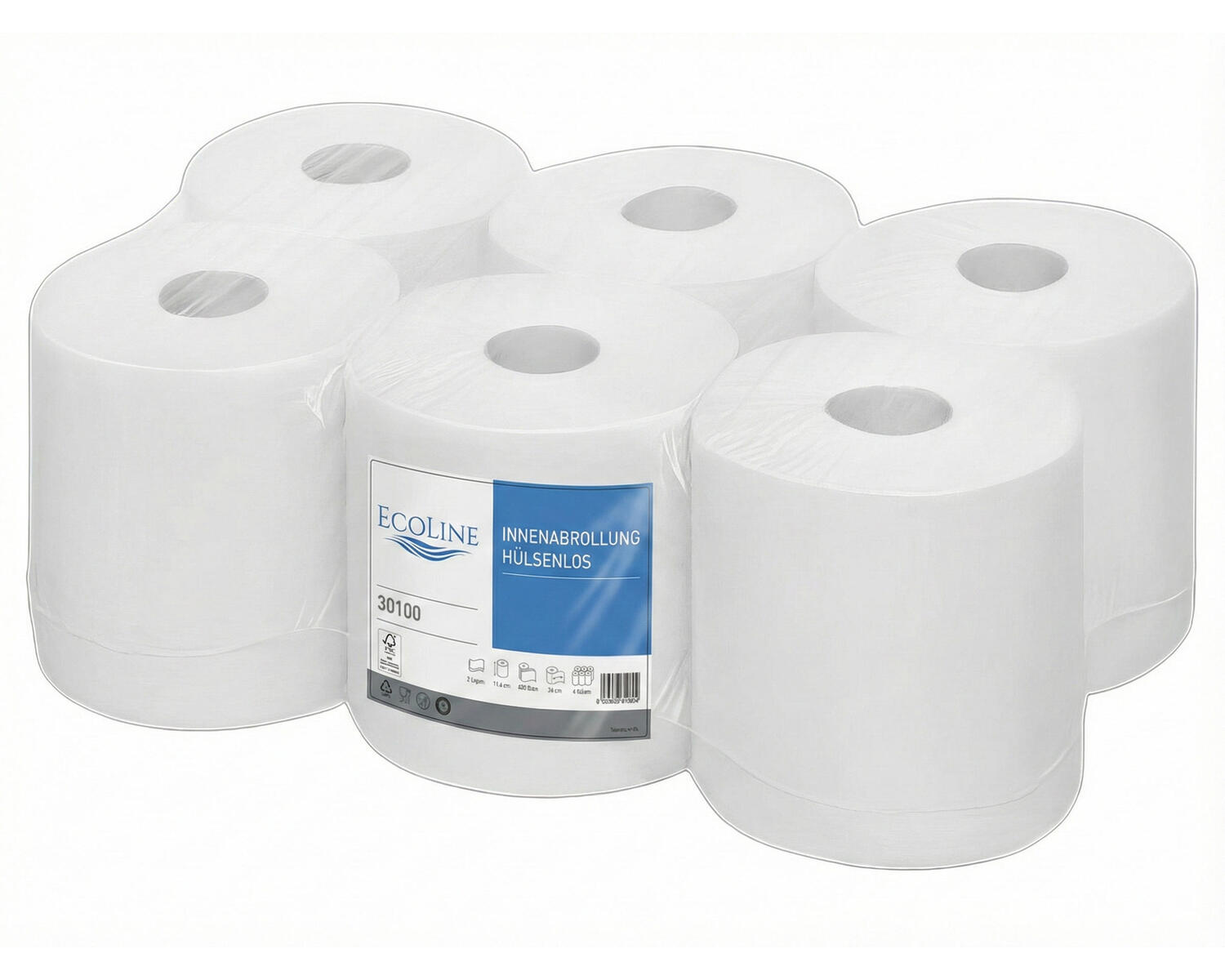 Ecoline Handtuchpapier Innenabrollung 2-lagig, h�lsenlos, Zellstoff, 450 Abrisse, 6 Rollen