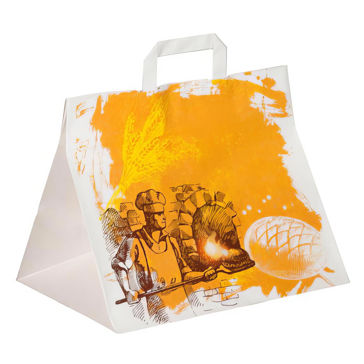 Papiertragetaschen aus Kraftpapier Motiv Steinofen mit Flachhenkeln 320+220x270mm 80g wei, 250 Stk.